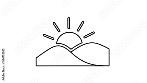 Simple line art illustration of a sunrise over mountains with clean minimalist design elements