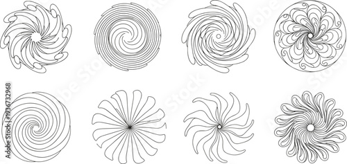 Collection of eight abstract circular line art designs with swirling patterns