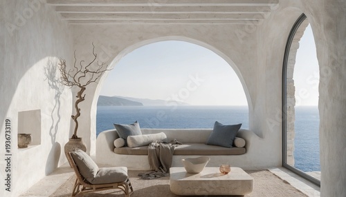 Hyper-realistic Mediterranean coastal interior photography with serene minimalism, sculptural architecture, and luminous natural light. 