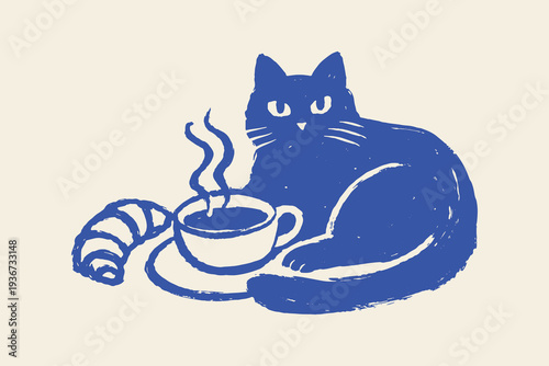 Cat with coffee and croissant naive sketch vector illustration
