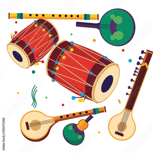 Vibrant Indian musical instruments celebration with drums and guitars