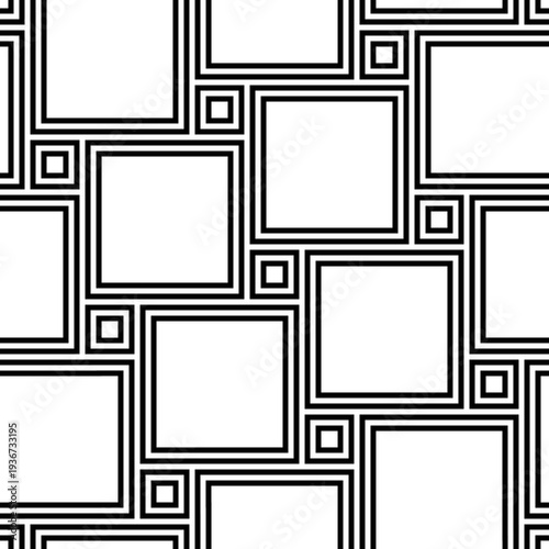 Pythagorean tiling. Seamless surface pattern design with flooring ornament. Squares tessellation vector. Repeated black hollow checks on white background. Mosaic motif. Parquet wallpaper. Digital art.