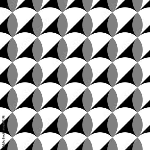 Color interlocking figures tessellation background. Seamless surface pattern design with triangular and oval shapes. Flooring motif. Modern wallpaper. Digital paper, textile print, web designing.