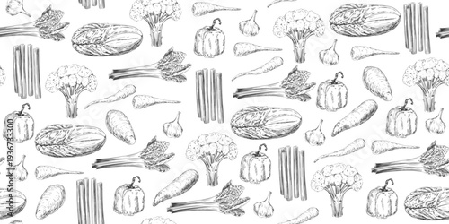 Seamless pattern with vegetables. Black and white background of vegetables. Engraving with cabbage, lettuce, eggplant, paprika, sweet potato, parsnip, rhubarb and garlic. Pattern for menu