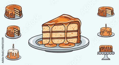 Various cakes displayed on plates and stands around a central large frosted cake