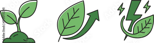 Green energy and growth icons: seedling, leaf with arrow, lightning bolt with leaf