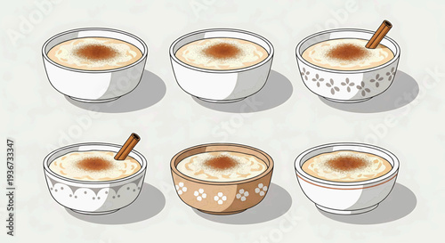 Six bowls of oatmeal with spoons in a kitchen setting are displayed