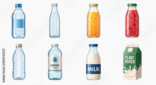 Various beverage bottles and cartons arranged on a surface