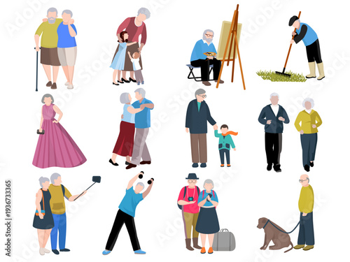 daily lives activities elderly people illustration senior man woman elderly retirement grandfather