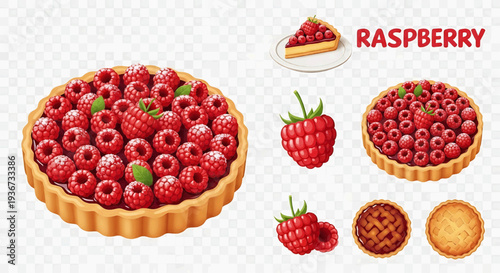 Raspberry tart with fresh raspberries and leaves on a decorative plate indoors