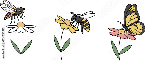 Cute cartoon bees and butterfly on flowers, simple illustration for kids and nature lovers