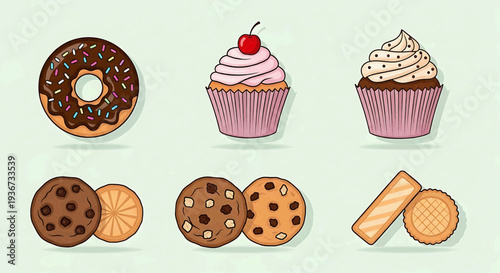 Colorful assortment of donuts cupcakes cookies and wafers on display