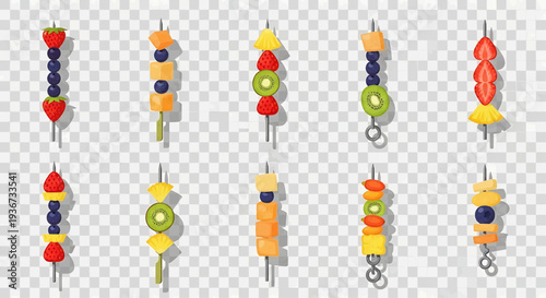 Colorful fruit skewers are displayed on a clean surface for decoration purposes