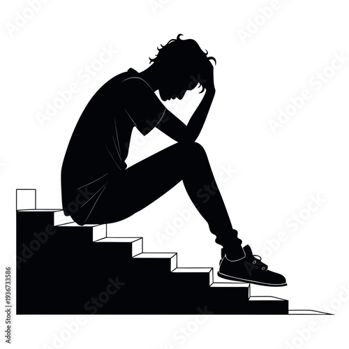 Silhouette of tired person sitting on steps representing life burnout and mental exhaustion