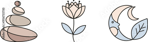 Zen balance stones, lotus flower, and crescent moon with face icons in pastel colors