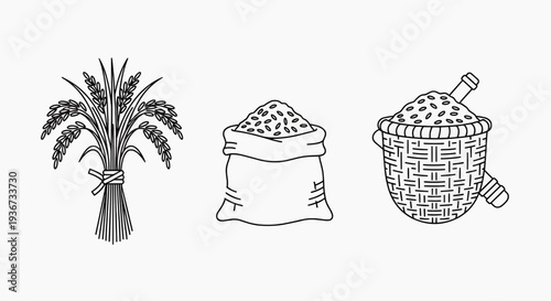 Illustration of rice plant, sack, and basket showcasing harvesting process in agricultural setting from overhead viewpoint