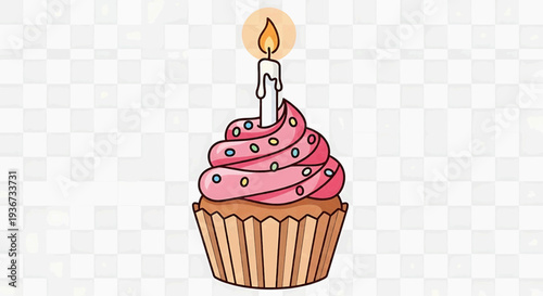 A cartoon cupcake with pink frosting and a lit candle on top, illustration, celebration, dessert, food, isolated