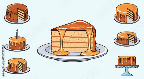 Illustration of various cakes with caramel sauce on a transparent background, from different viewpoints, showcasing layered desserts.