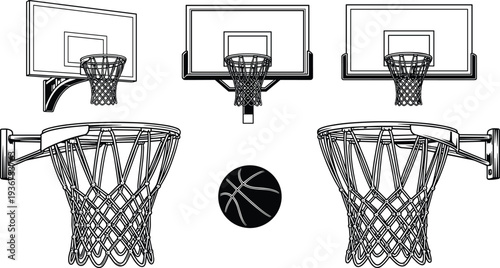 Black and white basketball hoop and ball illustrations in multiple perspectives, symbolizing sports, athletics, game equipment, training, recreation, and design concepts.