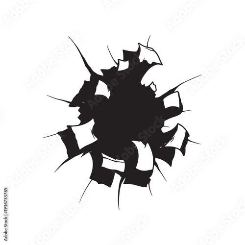 A black hole with cracks and fractures on a white background