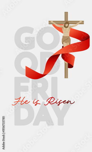 Good Friday Church Poster withJesus on the Cross and Red Ribbon Symbolizing the Sacrifice of Jesus Christ