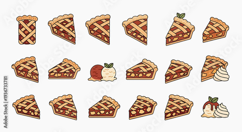 Assorted pie slices and desserts displayed on a clean white background with various toppings and fillings