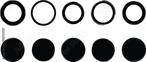 Black and white circle icons in hollow and solid variations, representing shape comparison, outline thickness, texture differences, design elements, and geometric symbol concepts.