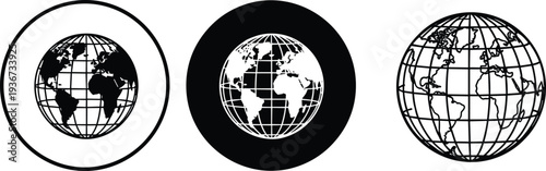 World globe icon set with latitude longitude grid earth map symbols in black and white vector illustration for global, travel, geography and web design