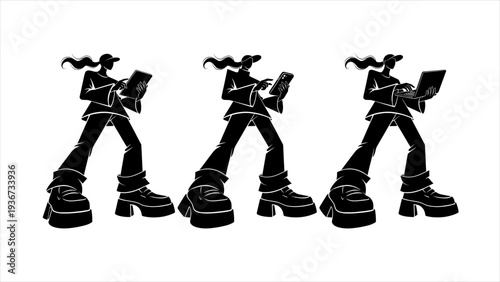 Woman Using Tablet, Smartphone and Laptop Silhouette Technology Illustration