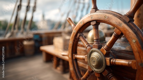 A close up view of a traditional wooden ship steering wheel on a sailing vessel deck