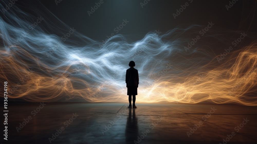 Fototapeta premium Silhouetted patient standing amid swirling light symbolizing trauma, memory and healing in a therapy context for ptsd treatment.