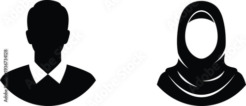 Black silhouette icons of diverse people including professional figure with collared shirt and individual wearing headscarf, representing inclusivity, identity, culture,
