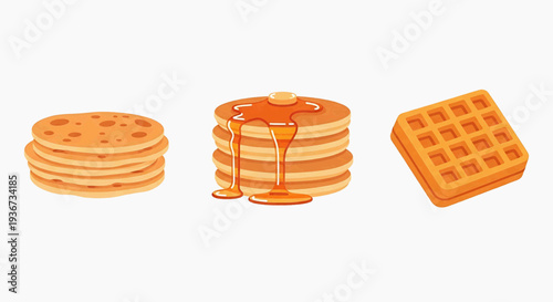 Stacked pancakes and waffles with syrup dripping on a clean white surface from an overhead viewpoint