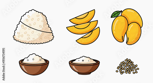 Assorted food ingredients including rice, mango slices, flour, and spices are arranged neatly on a clean surface.