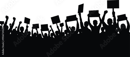 Black silhouette of protest crowd holding signs and raising fists, symbolizing activism, demonstration, collective action, social movement, and political awareness concepts.