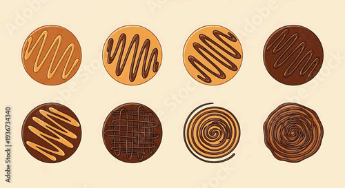 Assorted Chocolate Desserts and Sweets with Various Designs and Patterns on a Light Background