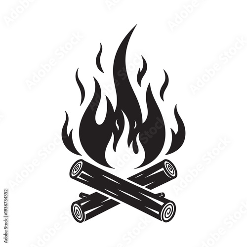 A black and white illustration of a campfire with crossed logs