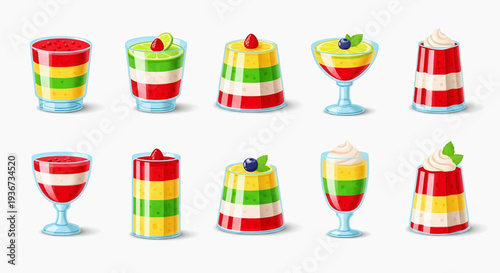 Assorted desserts in colorful glasses from various viewpoints showcase layered treats