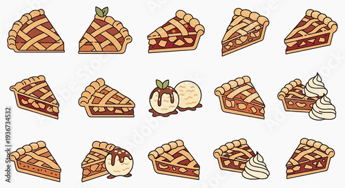 Assorted cartoon pie slices with various toppings displayed in a grid pattern