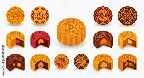 Assorted mooncakes displayed on a white surface, showcasing various designs and fillings from different viewpoints.