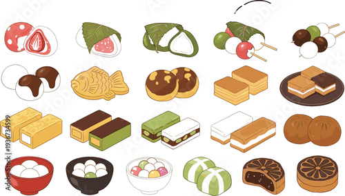 Japanese traditional sweets wagashi set vector illustration mochi dango dorayaki taiyaki and other Japanese dessert confectionery collection