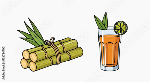 Illustration of sugarcane stalks and a refreshing glass of juice, garnished with lime and leaves, presented on a clean white background from a straightforward viewpoint