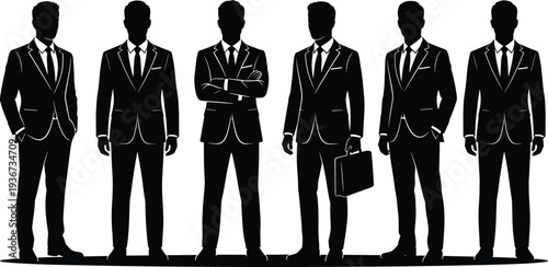 businessmen silhouettes in formal suits, professional corporate men standing confidently with briefcase and crossed arms business team concept