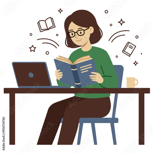 A woman studies intently at a desk with a laptop and books nearby