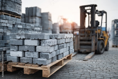 Construction Bricks, Palletized, Forklift at Site
