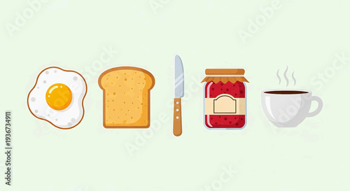 Illustration of breakfast items including egg, toast, knife, jam, and coffee cup arranged in a row