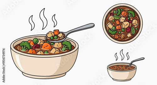 Steaming bowls of soup with vegetables and a spoon, served hot in a graphic illustration from various viewpoints