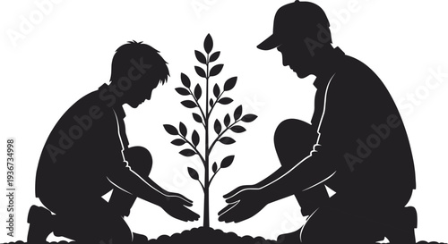 People planting tree silhouette teamwork, environmental conservation gardening activity nature care vector illustration concept
