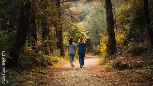Therapist walking alongside a patient on a forest path, conveying support, guidance, companionship, healing, and nature-based therapy.