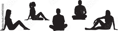 People sitting silhouette collection relaxed poses set, men and women casual sitting characters vector illustration